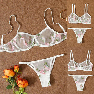 White Sheer Embroidery Mesh Cut-Out Underwire Lingerie Set
