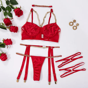 Red Velvet Bondage Chain Sex Lingerie Suit