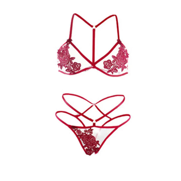 Sheer Floral Lace Appliques Crotchless Underwire Sexy Lingerie Set