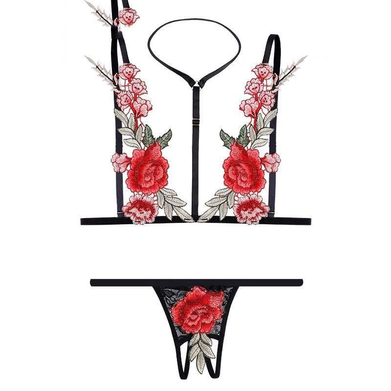 Women Sexy Rose Bra T-Shaped Open-End Underwear 3 Point Suit