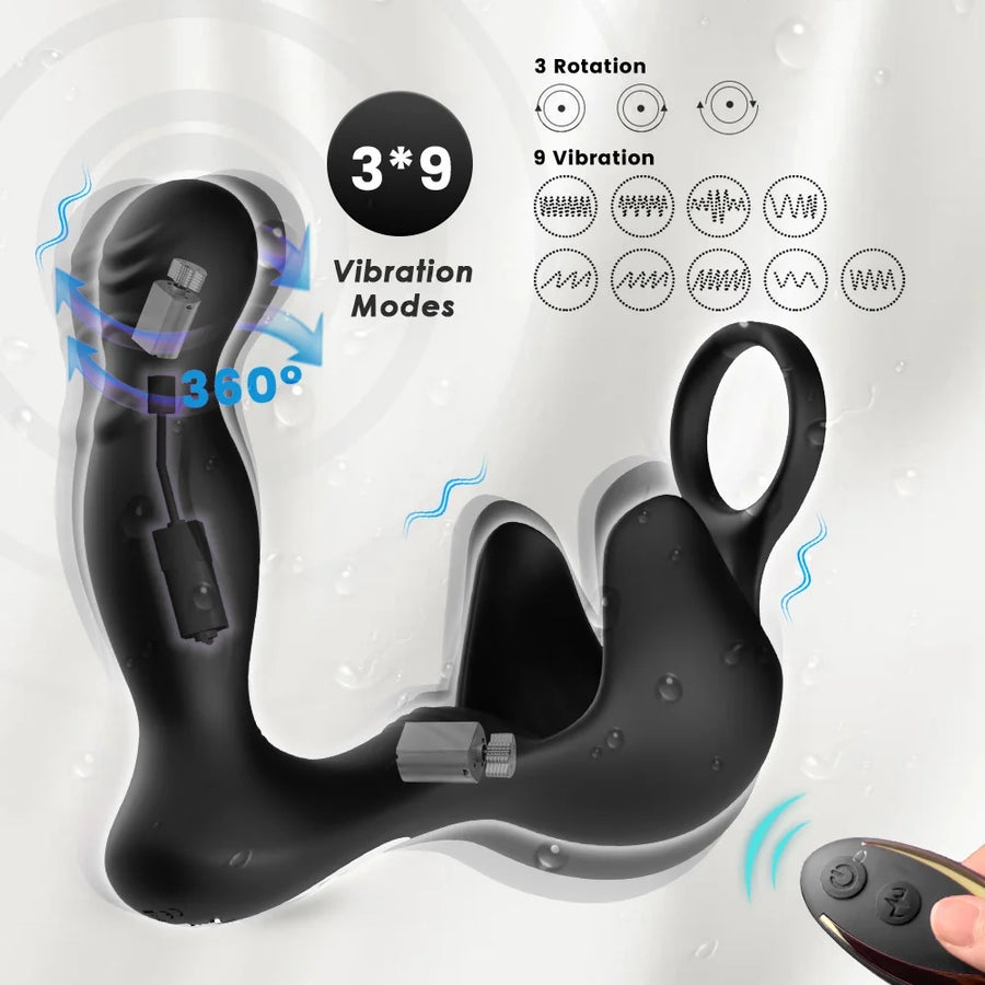 Triple Peasure Rotating & Vibrating Prostate Massager With Penis Ring