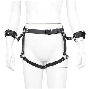 Slave PU Leather Harness with Handcuffs Erotic Waistband Garter Belt