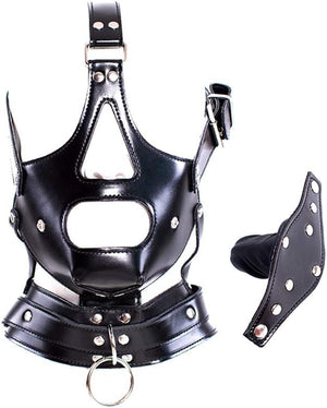 Leather Bondage with Detachable Silicone Dildo Mouth Gag Adjustable Head Harness