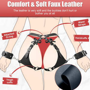 Harness BDSM Sex Restraints with Leather Bondage Straps 2 Wrist Cuffs & Thigh Waist