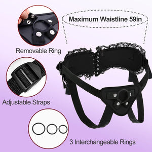 Elegant Lace Ruffle Adjustable Plus Size Strap On Dildo Harness with 3 Different Sized O-Rings