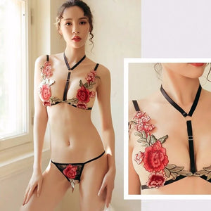 Women Sexy Rose Bra T-Shaped Open-End Underwear 3 Point Suit