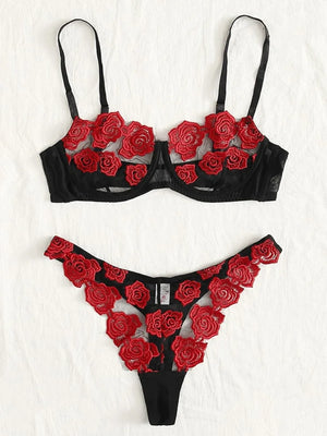 Floral Rose Embroidered Mesh Lingerie Lace Bra with Panty Set