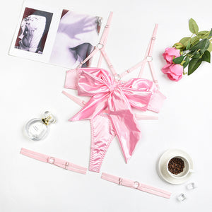 3piece Cut Out Bow Lingerie Satin Cute Solid Brief Underwear Nightwear Bra Brief Sets-ZhenDuo Sex Shop-pink-S-ZhenDuo Sex Shop