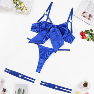3piece Cut Out Bow Lingerie Satin Cute Solid Brief Underwear Nightwear Bra Brief Sets-ZhenDuo Sex Shop-blue-S-ZhenDuo Sex Shop
