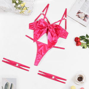 3piece Cut Out Bow Lingerie Satin Cute Solid Brief Underwear Nightwear Bra Brief Sets-ZhenDuo Sex Shop-red-S-ZhenDuo Sex Shop