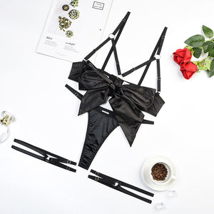 3piece Cut Out Bow Lingerie Satin Cute Solid Brief Underwear Nightwear Bra Brief Sets-ZhenDuo Sex Shop-black-S-ZhenDuo Sex Shop