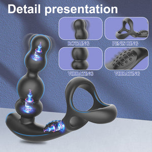 Wireless Control Male Prostate Massager Vibrator 360°Rotate with Penis Ring Butt Plug