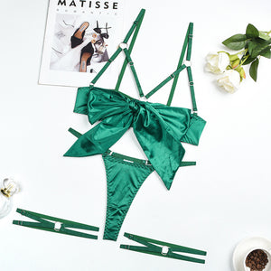 3piece Cut Out Bow Lingerie Satin Cute Solid Brief Underwear Nightwear Bra Brief Sets-ZhenDuo Sex Shop-green-S-ZhenDuo Sex Shop