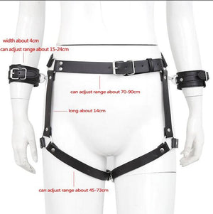 Slave PU Leather Harness with Handcuffs Erotic Waistband Garter Belt