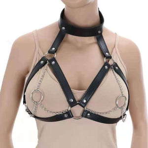 Women Leather Chain Lingerie ,Open Bust Body Harness Breast String Bra,Women's Sexy Clubwear,BDSM Bondage Restraints Strap