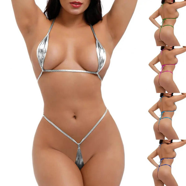 Mini Bikini Lingerie Set Halter Neck Bra Micro G String Thong Underwear PU Patent Leather Swimsuit