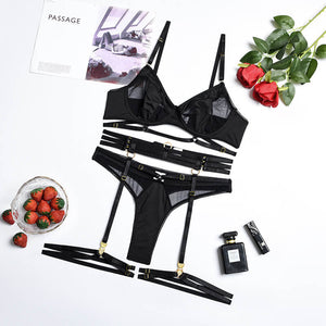 3-Piece Women Patchwork See Through Mesh Lingerie Ladies Sexy Panty Underwear Set-ZhenDuo Sex Shop-black-S-ZhenDuo Sex Shop