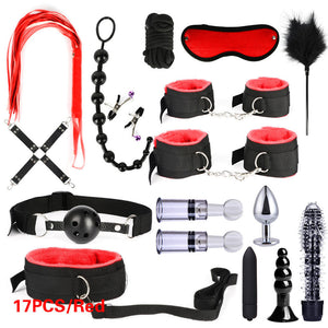 BDSM Kits Adults Sex Toys For Women Men Handcuffs Nipple Clamps Whip Spanking Sex Metal Anal Plug Vibrator Butt Bdsm Bondage Set-bdsm-ZhenDuo Sex Shop-17pcs red-ZhenDuo Sex Shop