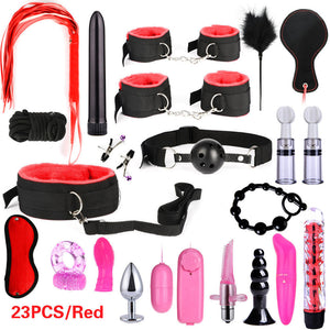 BDSM Kits Adults Sex Toys For Women Men Handcuffs Nipple Clamps Whip Spanking Sex Metal Anal Plug Vibrator Butt Bdsm Bondage Set-bdsm-ZhenDuo Sex Shop-23pcs red-ZhenDuo Sex Shop