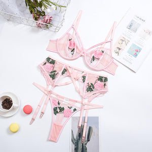 Floral Embroidered Lace Mesh Lingerie Bra and Panty 3 Piece Set with Push-Up-ZhenDuo Sex Shop-pink-S-ZhenDuo Sex Shop