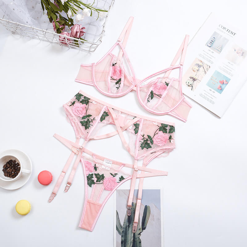 Floral Embroidered Lace Mesh Lingerie Bra and Panty 3 Piece Set with Push-Up-ZhenDuo Sex Shop-ZhenDuo Sex Shop