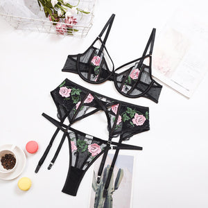 Floral Embroidered Lace Mesh Lingerie Bra and Panty 3 Piece Set with Push-Up-ZhenDuo Sex Shop-black-S-ZhenDuo Sex Shop